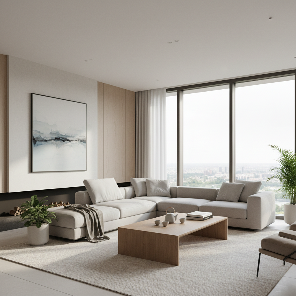 통창을 통해 들어오는 부드러운 햇살 아래 놓인 모던한 라이트 그레이 카우치 소파와 미니멀한 오크 원목 커피 테이블이 있는 세련된 거실 풍경.